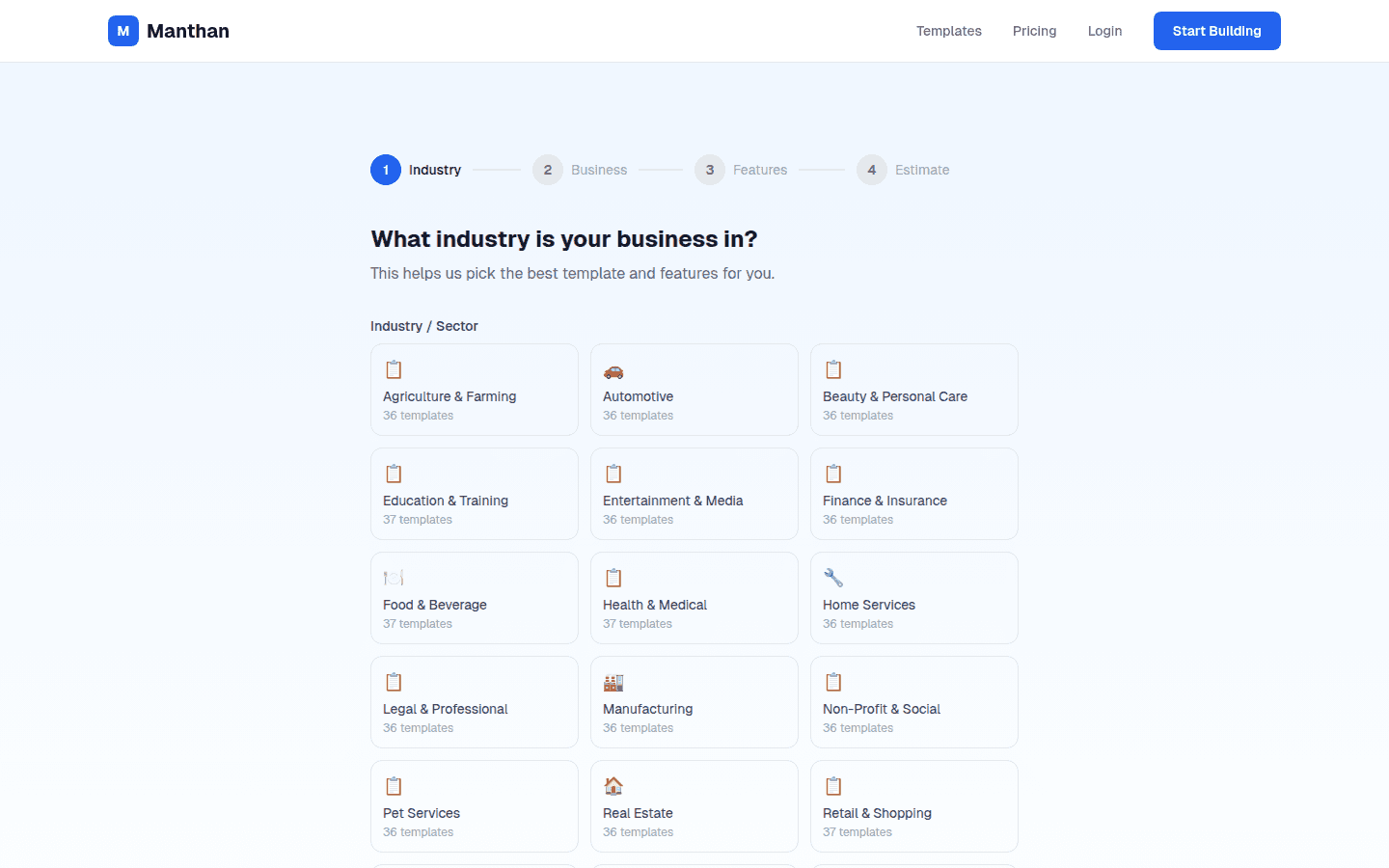 AddressIQ website builder — choose your industry from 33+ categories